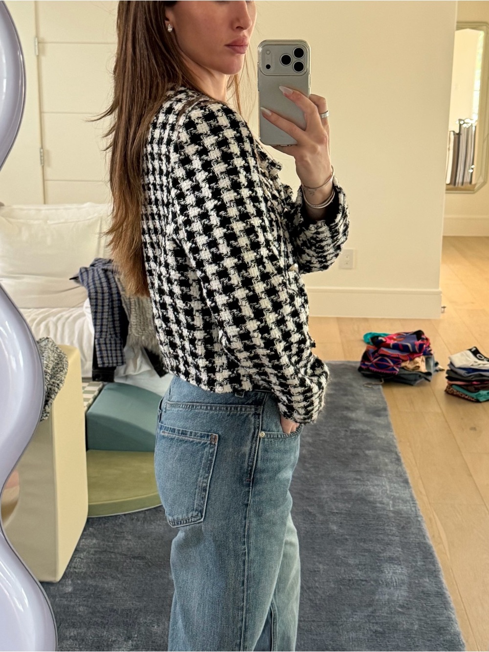 Zara Black & White Houndstooth Cropped Jacket